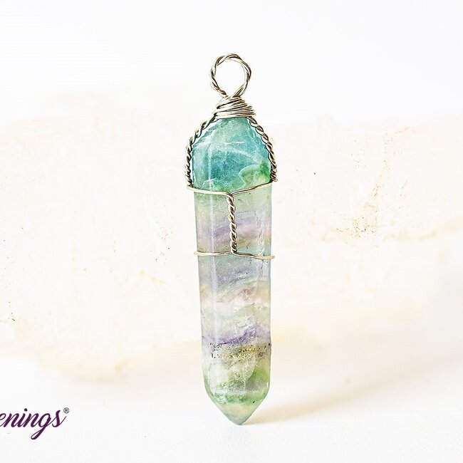 Rainbow Fluorite Pendants - Wire Wrapped Faceted Points - Silver Plated