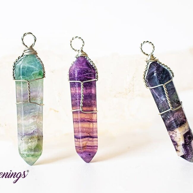 Rainbow Fluorite Pendants - Wire Wrapped Faceted Points - Silver Plated