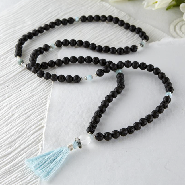Cool, Calm, & Collected Mala - Silver & Sage - Lava, Moonstone, Larimar & Clear Quartz