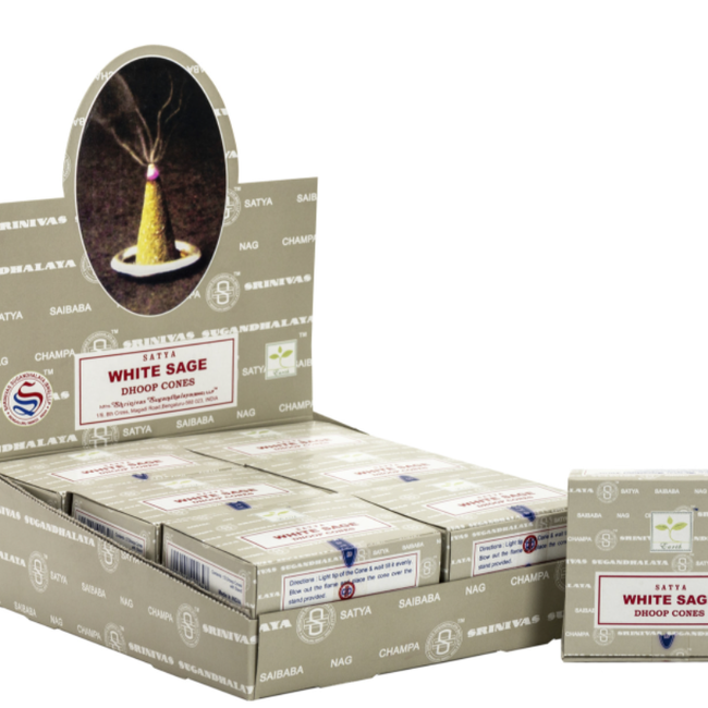 White Sage Incense (Dhoop) Cones - 12 Cones in Box - Satya