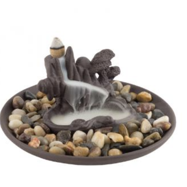 Backflow Reverse Flow Incense Cone Stick Burner - (Waterfall) on Ceramic Clay Plate & Stone - Set Kit