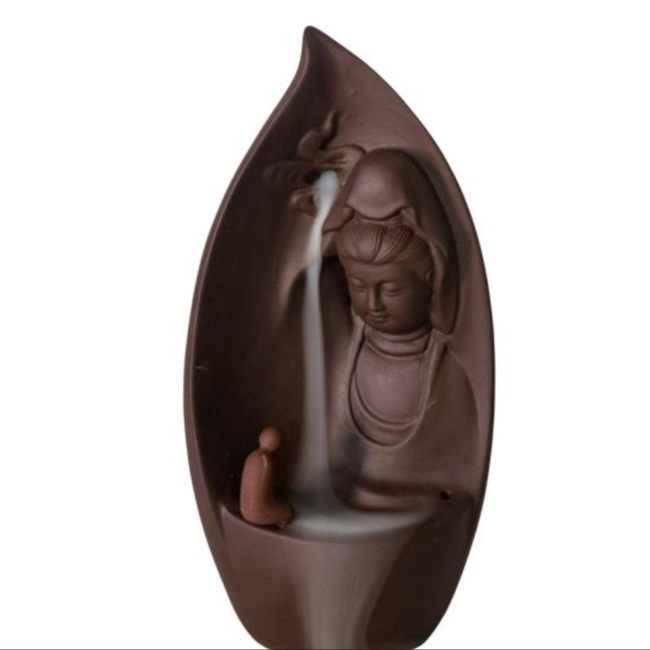 Backflow Reverse Flow Incense Cone Stick Burner Holder - Kwan Yin Waterfall Clay