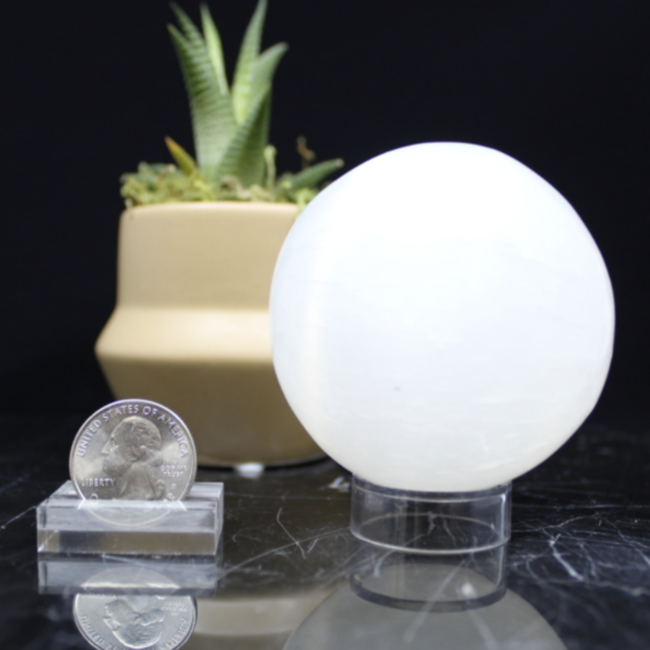 Selenite (Satin Spar Gypsum) Sphere Orb - 65mm Large with Stand