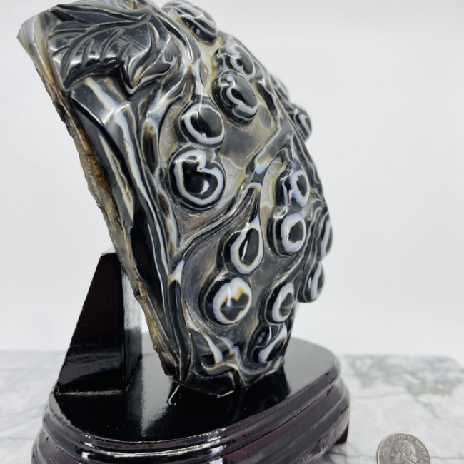 Black Agate Plant Sculpture with Wood Stand - 9" Carvings Home Decor Specimen