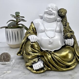 White & Gold Happy Buddha Statue w/ Staff- 5"