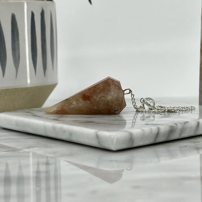 Sunstone (Heliolite) Pendulums - Dowsing Hexagonal Faceted Cone Point Divination - Silver Chain Crystal Gemstone