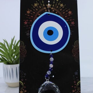 Evil Eye Suncatcher Sun Catcher with Faceted Crystal Prism - Blue Hangable (8") Home Decor Window MirrorProtection