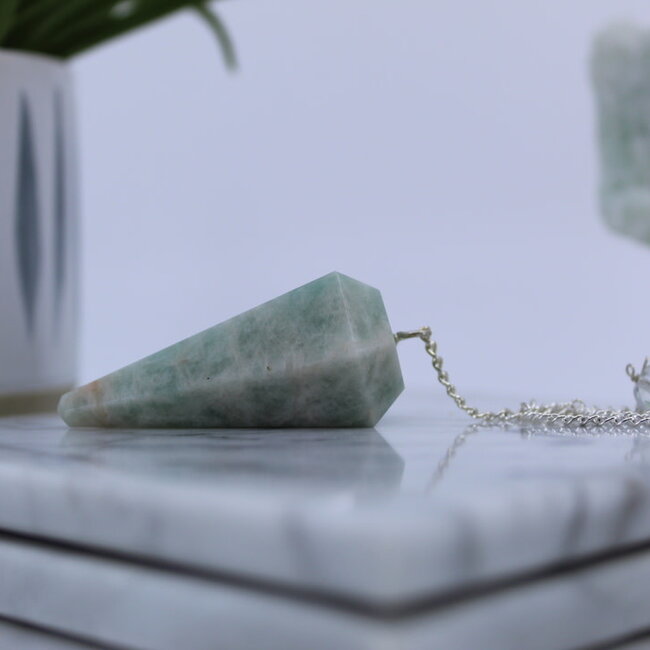 Amazonite Pendulum-Dowsing Hexagonal Faceted Cone Point Divination-Silver Chain-Crystal Gemstone