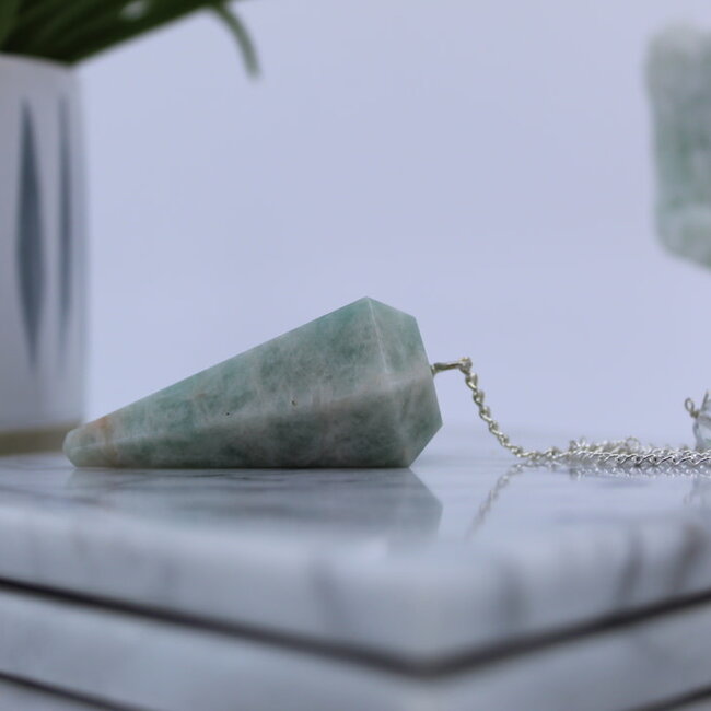 Amazonite Pendulums - Dowsing Hexagonal Faceted Cone Point Divination - Silver Chain Crystal Gemstone