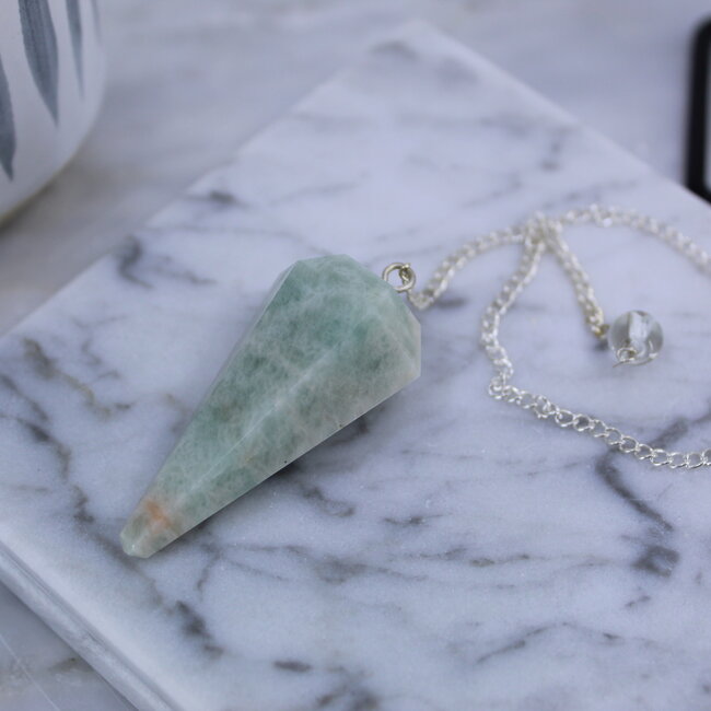 Amazonite Pendulums - Dowsing Hexagonal Faceted Cone Point Divination - Silver Chain Crystal Gemstone