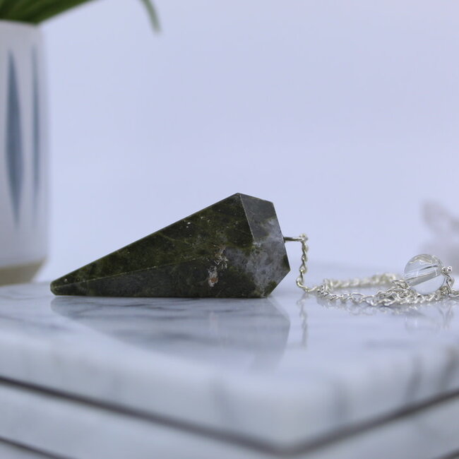 Vesuvianite (Idocrase) Pendulums - Dowsing Hexagonal Faceted Cone Point Divination - Silver Chain - Crystal Gemstone