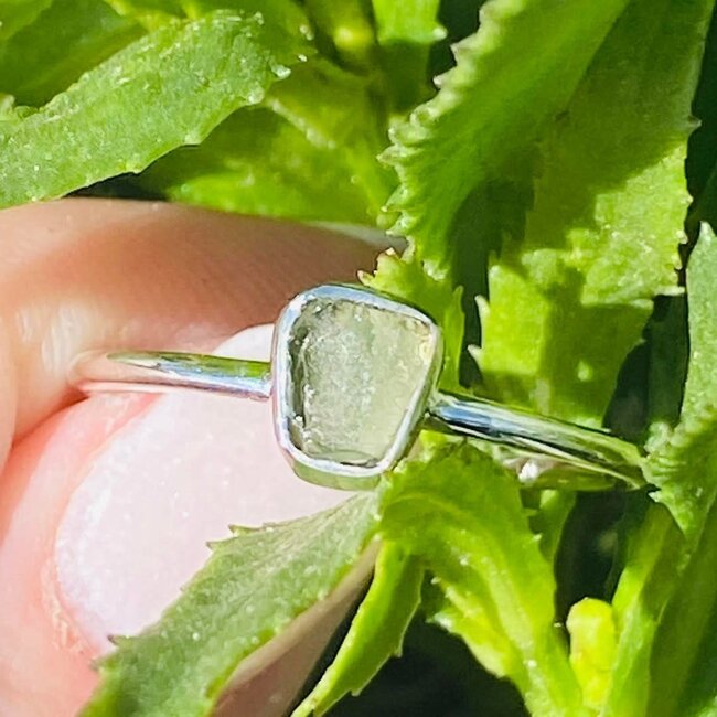 Moldavite Ring-Size 10 Simple Rough-Sterling Silver Raw Natural