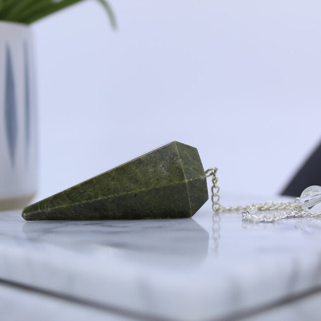 Green Jade Pendulum-Dowsing Hexagonal Faceted Cone Point Divination-Silver Chain-Crystal Gemstone