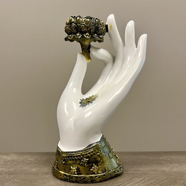 Incense Cone Burner Holder-Hand w/ Gold Lotus Flower White Ceramic