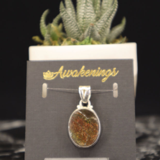 Ammolite Pendant Oval Natural Rough Raw-Sterling Silver