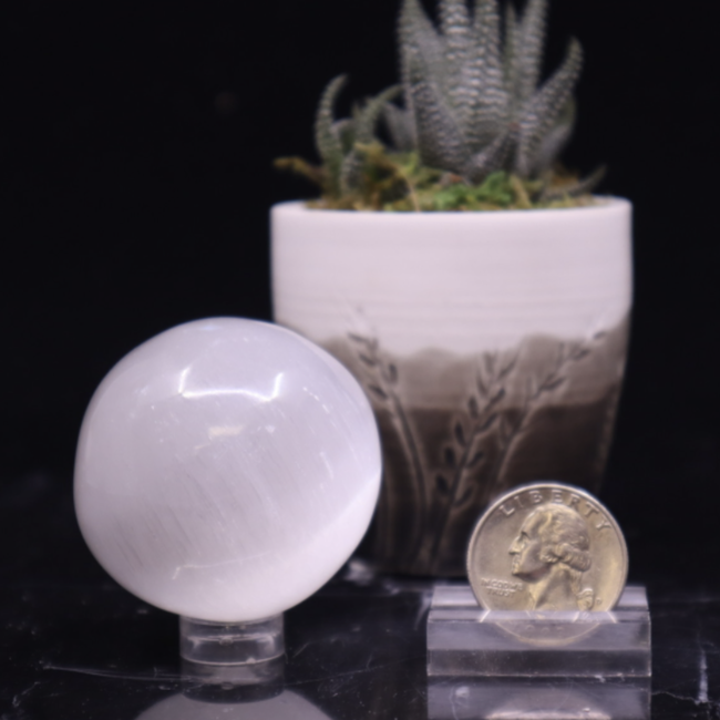 Selenite (Satin Spar Gypsum) Sphere Orb - Medium 45mm & Sphere Stand