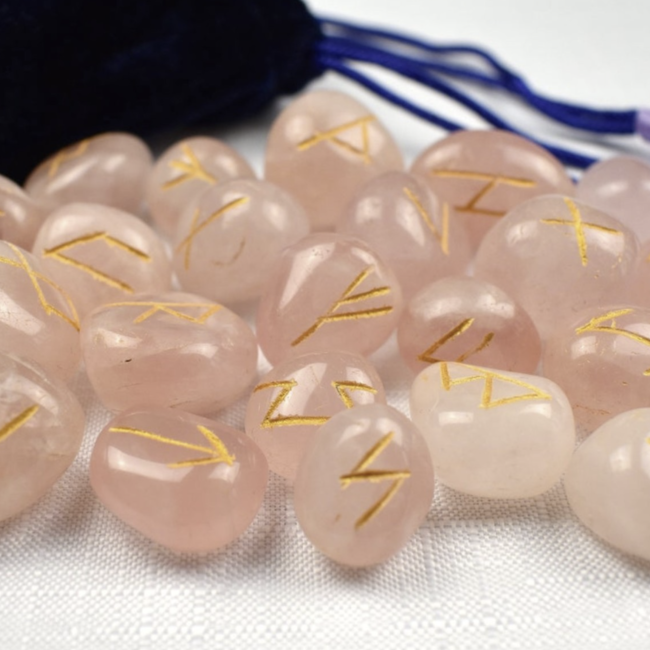 Runes Rose Quartz - Velvet Bag Divination Tool Elder Futhark Casting Nordic Set