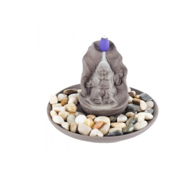 Backflow Reverse Flow Incense Cone Stick Burner - (Happy Buddha) on Ceramic Clay Plate & Stone - Set Kit