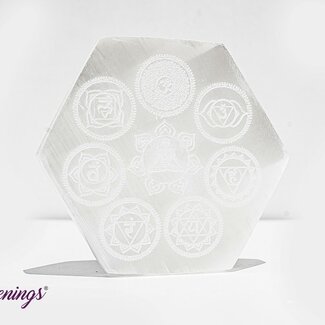 Selenite (Satin Spar Gypsum) Charging Disks Plates Station - 3.5" Hexagon Chakra Symbols Medium