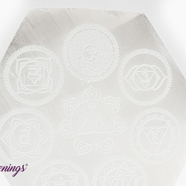 Selenite (Satin Spar Gypsum) Charging Disks Plates Station - 3.5" Hexagon Chakra Symbols Medium