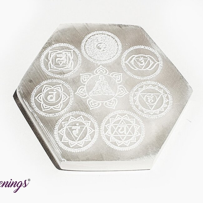 Selenite (Satin Spar Gypsum) Charging Disks Plates Station - 3.5" Hexagon Chakra Symbols Medium