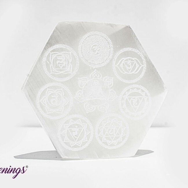 Selenite (Satin Spar Gypsum) Charging Disks Plates Station - 3.5" Hexagon Chakra Symbols Medium