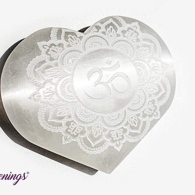 Selenite (Satin Spar Gypsum) Sahasrara Om Engraved Heart - 3"