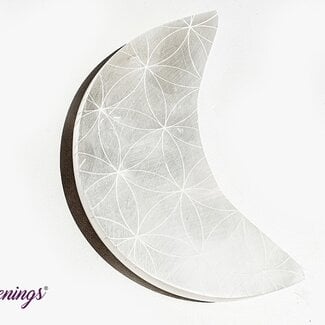 Selenite (Satin Spar Gypsum) Charging Disks Plates - Crescent Moon Seed Flower of Life Large