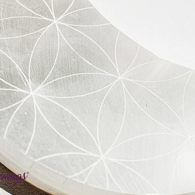 Selenite (Satin Spar Gypsum) Charging Disks Plates Station - 4" Crescent Moon Seed Flower of Life Medium