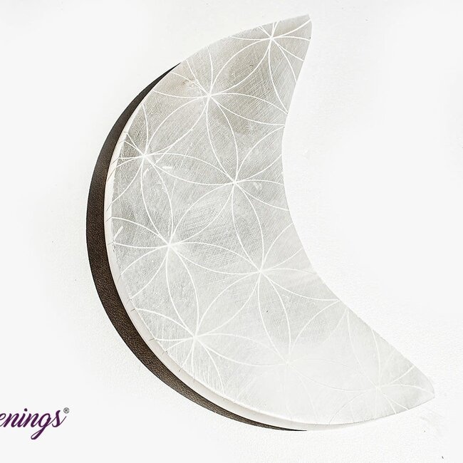 Selenite (Satin Spar Gypsum) Charging Disks Plates Station - 4" Crescent Moon Seed Flower of Life Medium