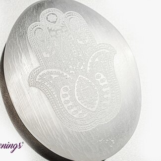 Selenite (Satin Spar Gypsum) Hamsa Hand (Fatima Miriam) Engraved Palm Pillow Pocket Stone - 1.5"