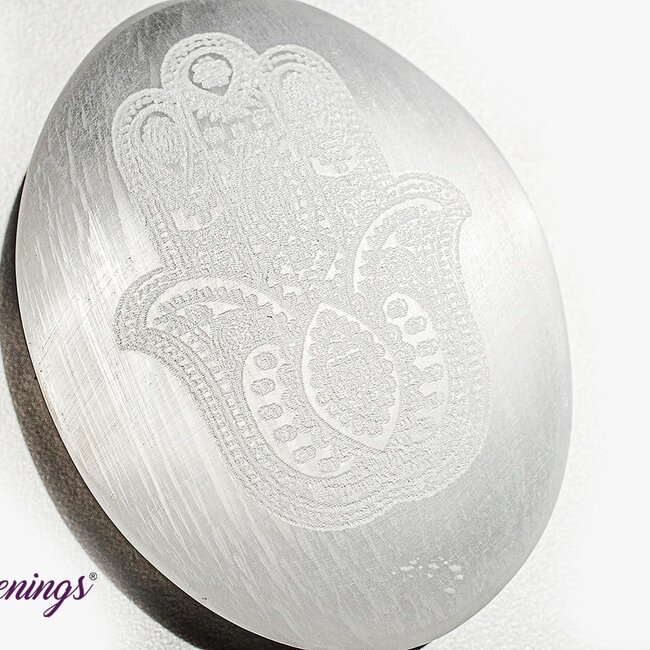 Selenite (Satin Spar Gypsum) Palm Pillow Pocket Stones - 1.5" Hamsa (Fatima Miriam Khamsa) Hand Engraved Etched