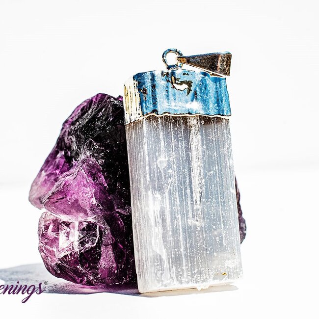 Selenite (Satin Spar Gypsum) Pendants - Flat Blade Rough Raw Natural - Silver Plated Cap 2"