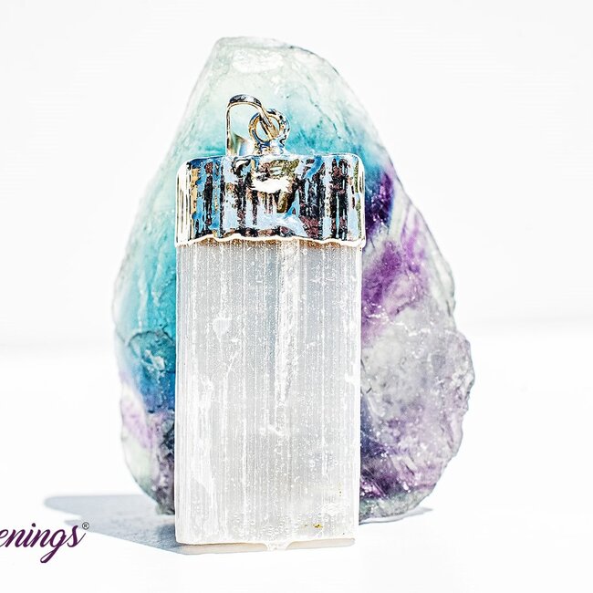 Selenite (Satin Spar Gypsum) Pendants - Flat Blade Rough Raw Natural - Silver Plated Cap 2"