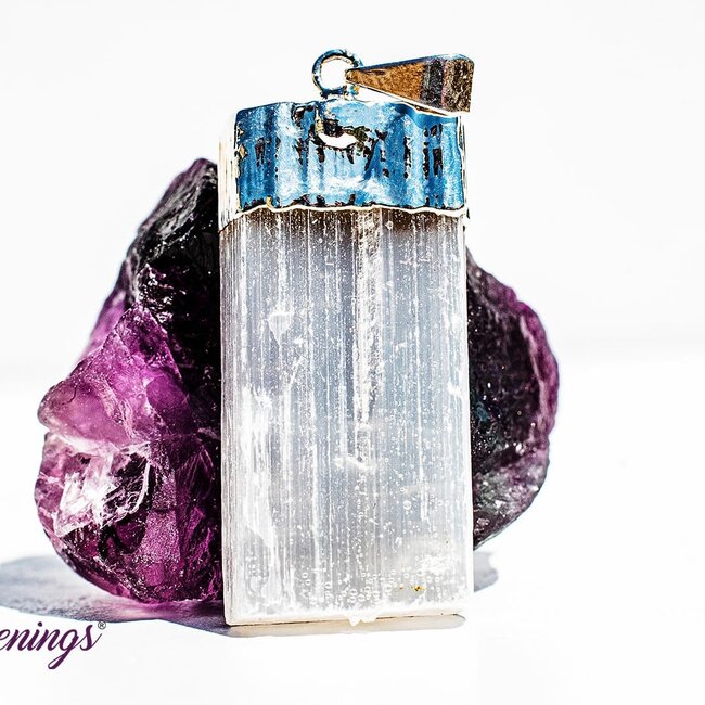 Selenite (Satin Spar Gypsum) Pendants - Flat Blade Rough Raw Natural - Silver Plated Cap 2"