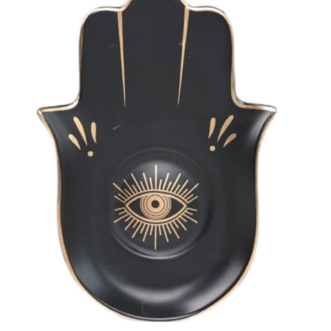 Hamsa Hand Black & Gold - Jewelry & Crystal Dish/Tray Ceramic Trinket  Decor