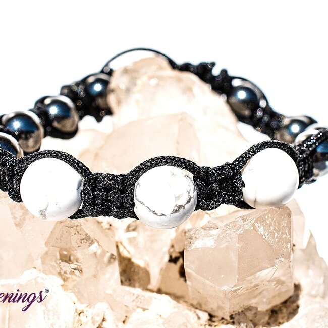 White Howlite (Magnesite) & Hematite Bracelets - Shamballa Paracord Parachute - Adjustable