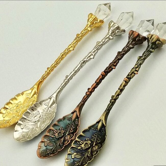 Gold Teaspoon & Clear Quartz Point-Vintage Carved Flower Spoon