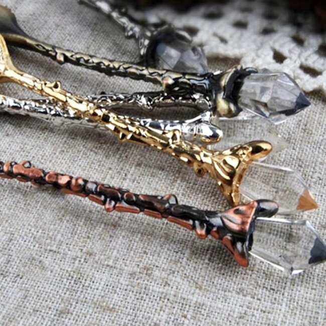 Gold Teaspoon & Clear Quartz Point - Vintage Carved Flower Spoon