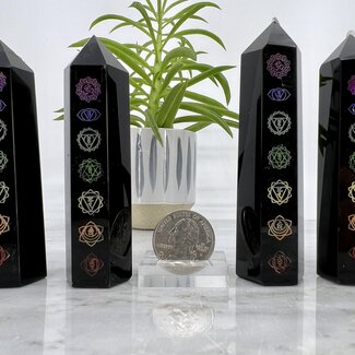 Black Obsidian & Chakra Engraved Tower Point Generator - Medium (3-4")