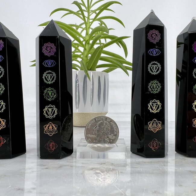 Black Obsidian & Chakra Engraved Tower Point Generator - Medium (3-4")