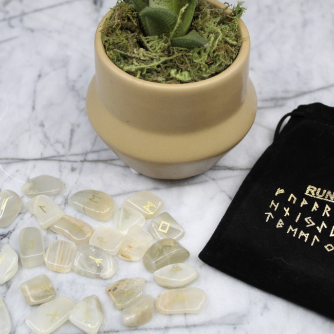 White (Rainbow) Moonstone Runes Set (Mini) - Velvet Bag Divination Tool Elder Futhark Casting Nordic