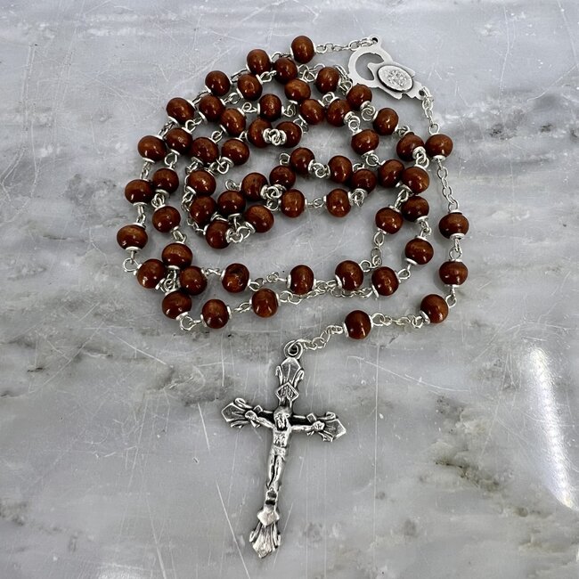 Brown Beaded Wooden Rosary -Cross Jesus Japamalas Prayer Meditation Mantra Counting Beads Necklace - 8mm