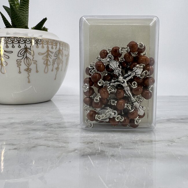 Brown Beaded Wooden Rosary -Cross Jesus Japamalas Prayer Meditation Mantra Counting Beads Necklace - 8mm
