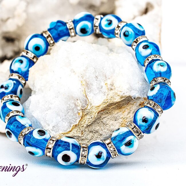 Evil Eye Bracelets - Light Blue Elastic Stretchy Protection Silver Rhinestones