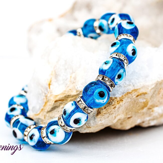 Evil Eye Bracelets - Light Blue Aqua Elastic Stretchy Protection Silver Rhinestones