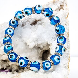 Evil Eye Bracelets - Light Blue Aqua Elastic Stretchy Protection Silver Rhinestones