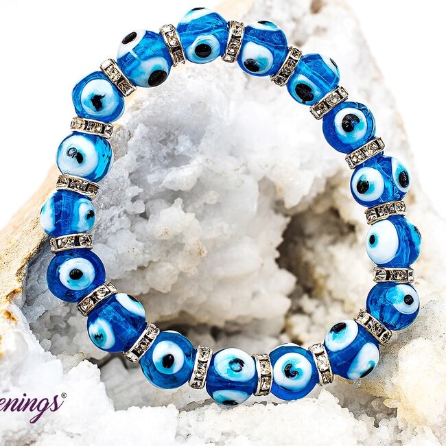 Evil Eye Bracelets - Light Blue Elastic Stretchy Protection Silver Rhinestones