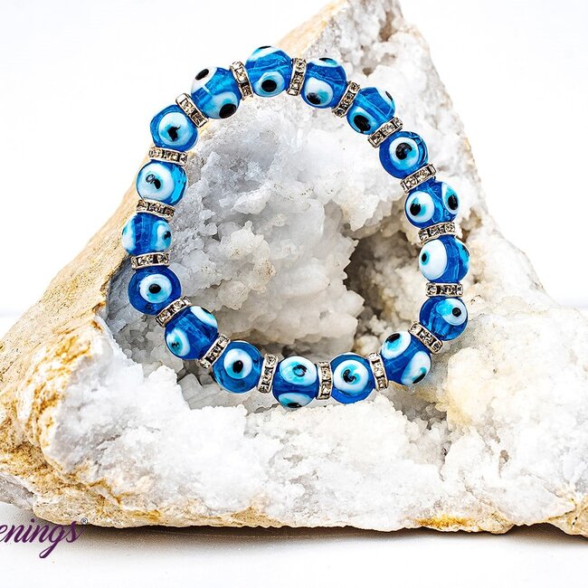 Evil Eye Bracelets - Light Blue Elastic Stretchy Protection Silver Rhinestones