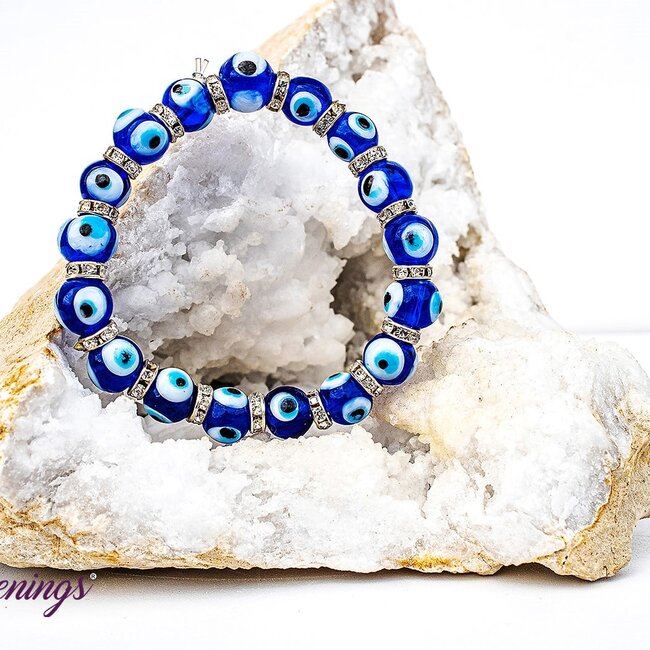Evil Eye Bracelets - Dark Blue Elastic Stretchy Protection Silver Rhinestones